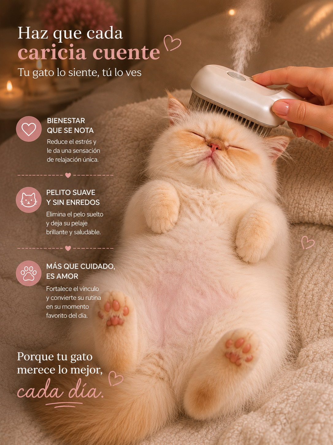 Cepillo a Vapor para Mascotas | Pelaje Limpio, Suave y Sin Enredos
