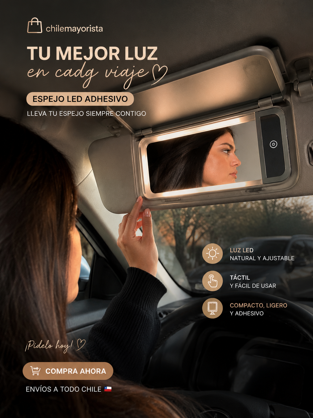Espejo LED Recargable para Auto | Luz Perfecta en Cada Viaje ✨