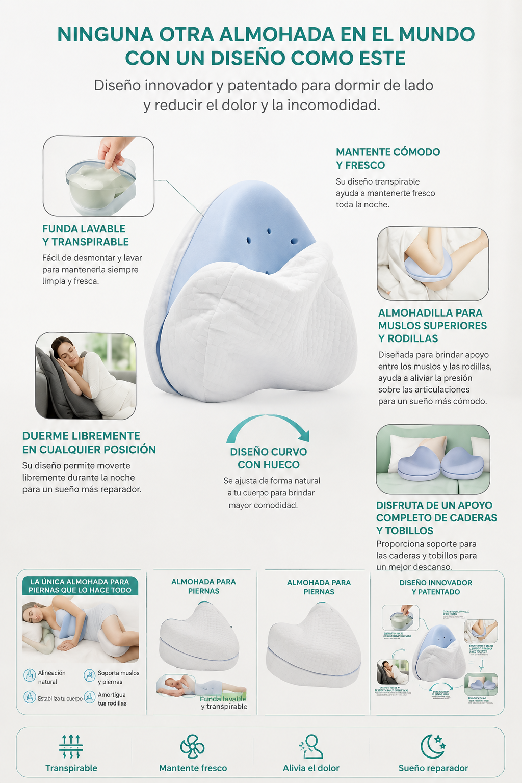 Almohada para Piernas con Diseño Anatómico y Máximo Confort